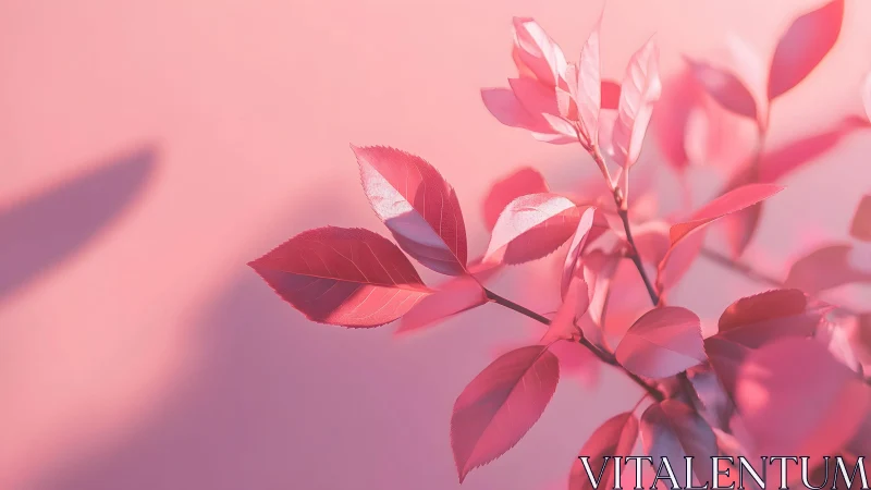 Pink leaves branch close-up in soft pastel light, minimal style.