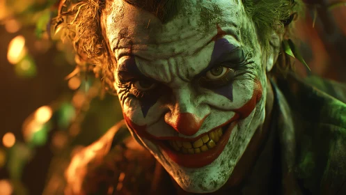 Sinister clown close up with intense grin and face paint.