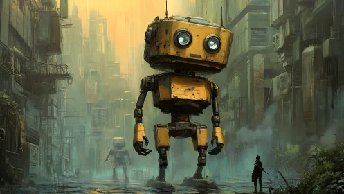 Curious yellow robot strolls gently through a misty city street