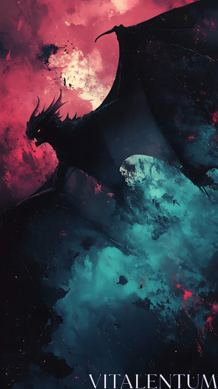 Silhouetted dragon form against red and teal sky field.