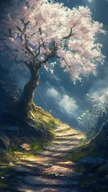 Curved dirt path passes beneath single flowering tree