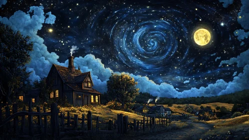 Moonlit cottage landscape under swirling starfield sky.