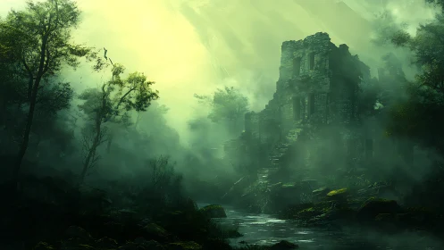 Spectral river fortress in volumetric emerald forest haze.
