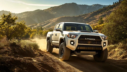 White off road pickup truck climbs dusty mountain trail