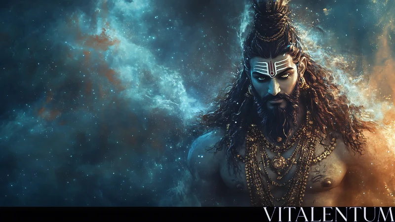 Cosmic warrior cloaked in starlight and swirling nebulae.