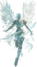 Celestial armored seraph descends in ethereal backlit glow