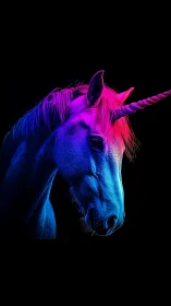 Neon-lit unicorn portrait renders chromatic rim lighting gradients