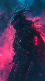 Armored sci fi warrior in neon pink and blue mist.