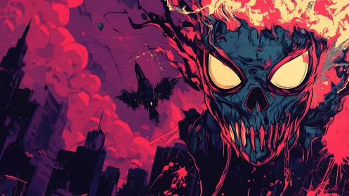 Neon infernal skull over cityscape in dynamic comic composition.