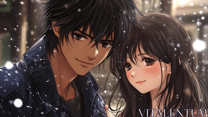 Snowlit city lovers share quiet warmth in falling night.