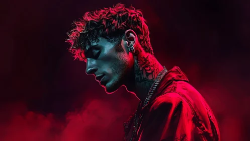 Moody neon portrait of tattooed man in red side profile.