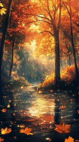 Autumn Stream Through Golden Forest Canopy.