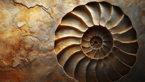 Fossilized ammonite shell in cross-section with sculpted relief lighting