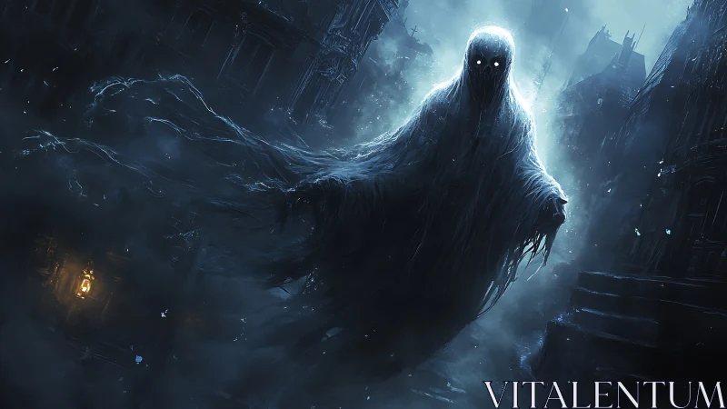 Glowing-eyed wraith drifts through a fog-drowned haunted city