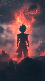 Fiery anime warrior silhouette amid storm-lit volcanic sky.