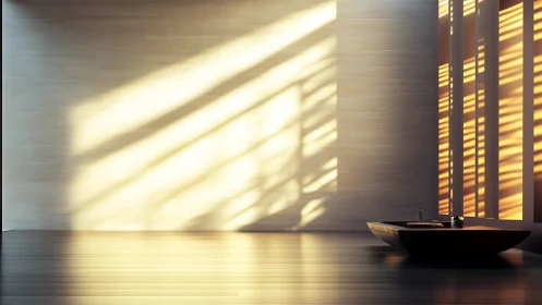 Minimalist Interior with Golden Window Light and Venetian Shadows.