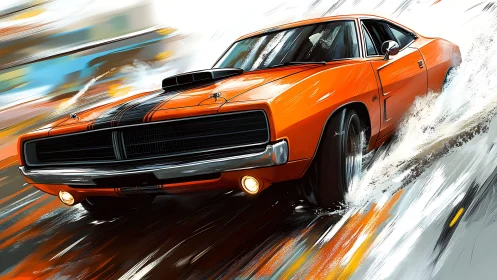 Orange muscle car on wet road in dynamic side-front view.