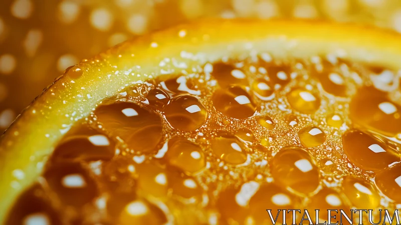 Orange slice surface covered with glossy water droplets