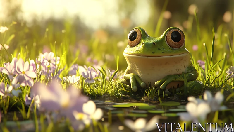 Digital frog render sits among flowers in shallow pond
