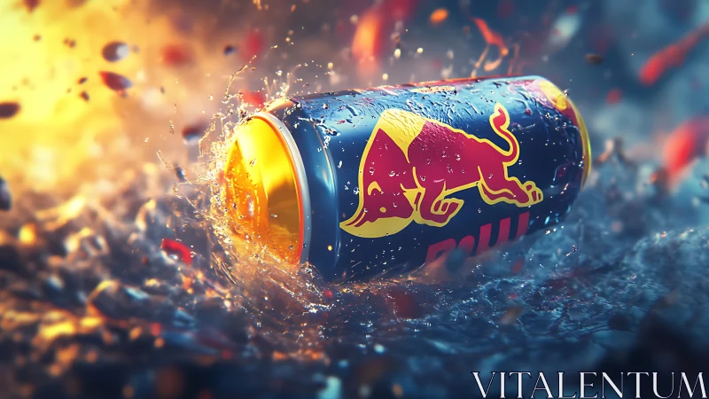 Energy drink can lies in dynamic splash with fiery contrast