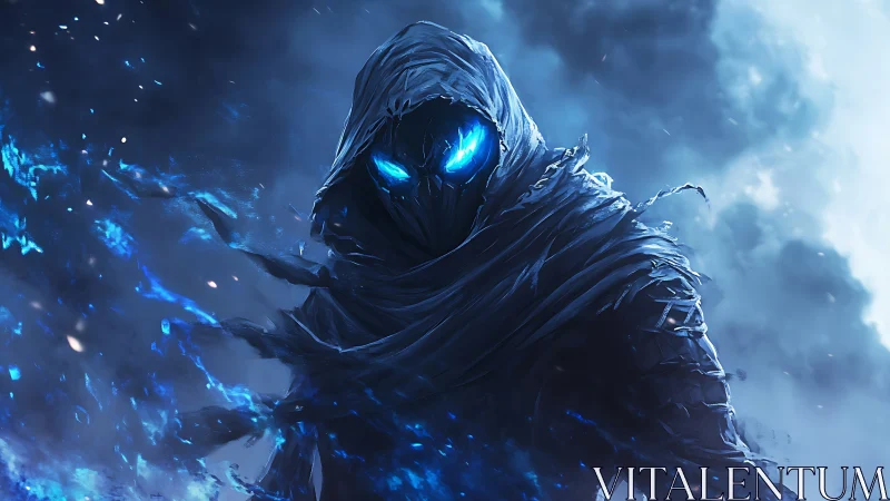 Mysterious blue-eyed wraith wandering through stormy magic.