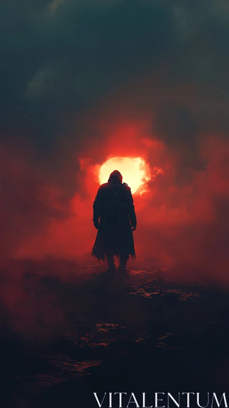 Lone wanderer strides toward a blazing red celestial gate