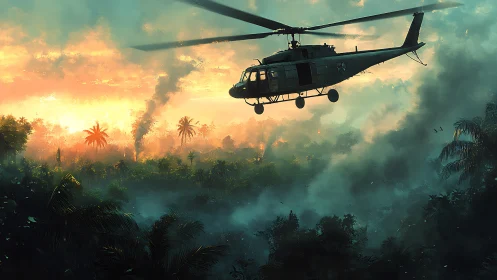 Lone helicopter gliding over misty jungle at fiery sunset.