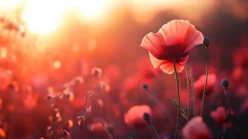 Crimson Poppy Basks in Golden Sunrise Glow.