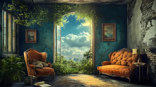 Overgrown interior lounge with open archway to city view.