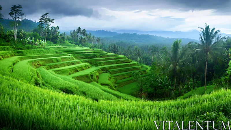 Emerald rice terraces curve through misty tropical hillsides.