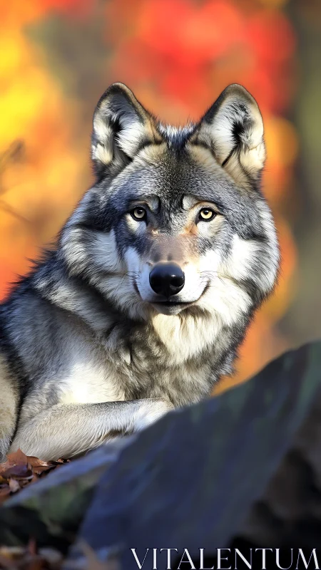 Gray wolf lies on forest floor with blurred autumn foliage