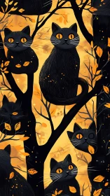 Black Cats in Autumn Trees Against Golden Moonlit Sky.