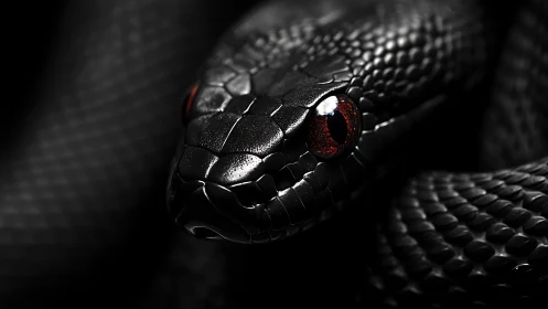 Black serpent close-up with glowing red eyes in shadowed coil.