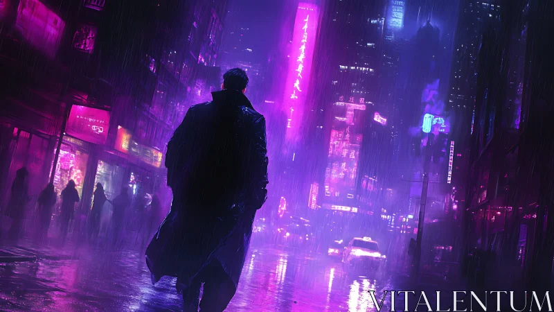 Solitary figure in neon lit rainy urban street at night.