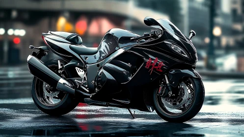 Black sport motorcycle on wet urban street at dusk.