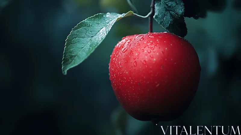 Red apple hangs from branch under cool moody lighting