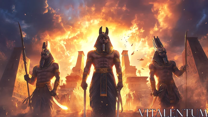 Sun-forged jackal pharaohs stride through blazing eternity.