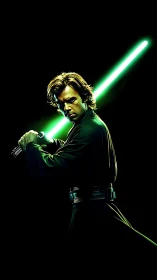 Jedi warrior raises neon green lightsaber in darkness