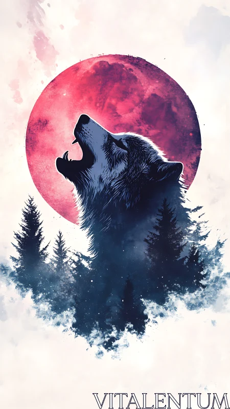 Howling wolf silhouette overlays forest under red full moon