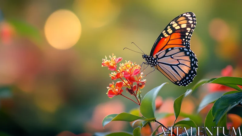 Monarch butterfly rests on vivid blossoms in dreamy bokeh light