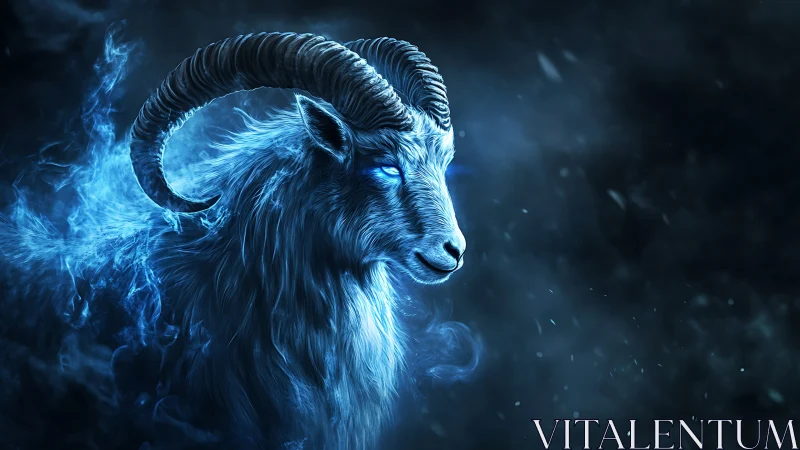 Spectral blue ram portrait with glowing eyes in smoky void
