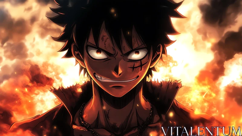 Intense anime warrior framed by incendiary, high-contrast flames