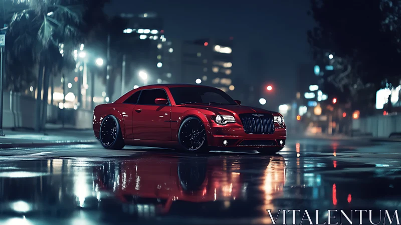 Red luxury sedan gleams on wet city street at midnight.
