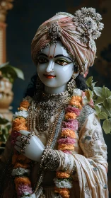 Ornate marble deity idol in jeweled turban and floral garlands.