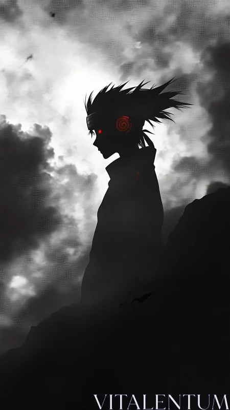 Lone anime warrior silhouetted against stormy night sky.