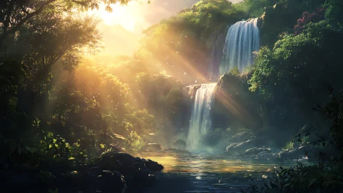Sunlit forest waterfall cascade illuminates misty pool