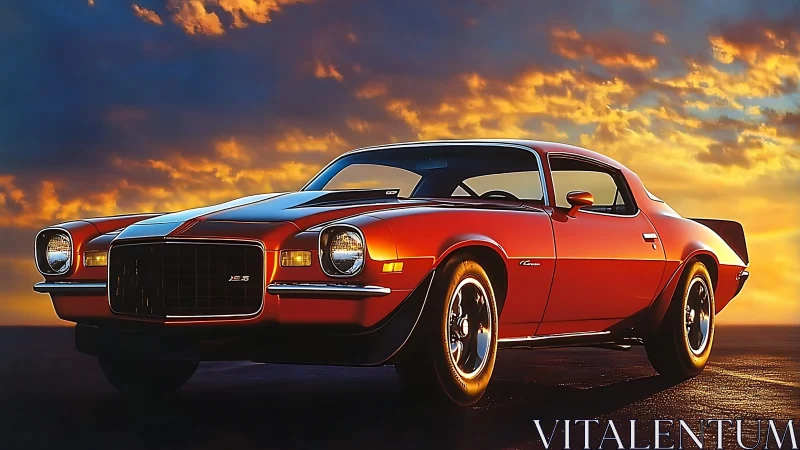 Sunset cruise with a fiery classic muscle car glow.