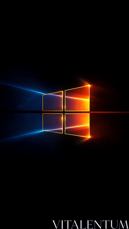 Symmetrical window icon with blue and orange light glow.