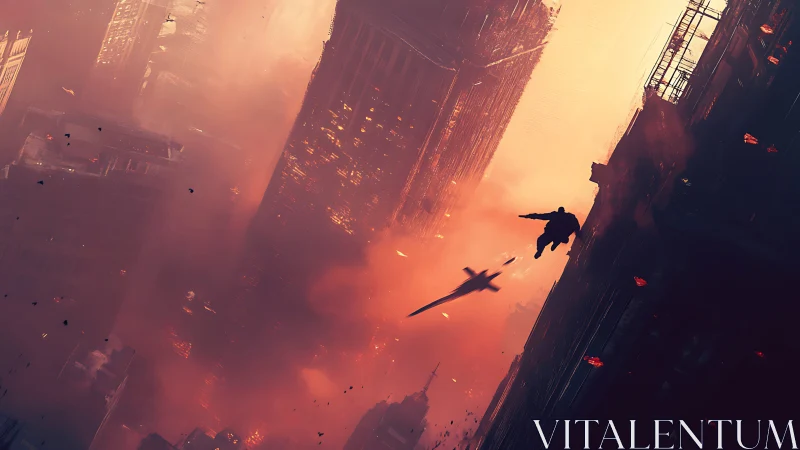 Silhouetted hero dives through burning tilted city canyon