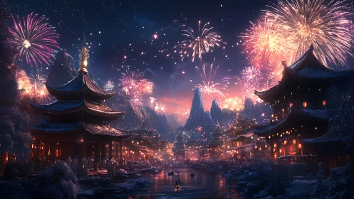 Fireworks burst over snowy riverside temples at night